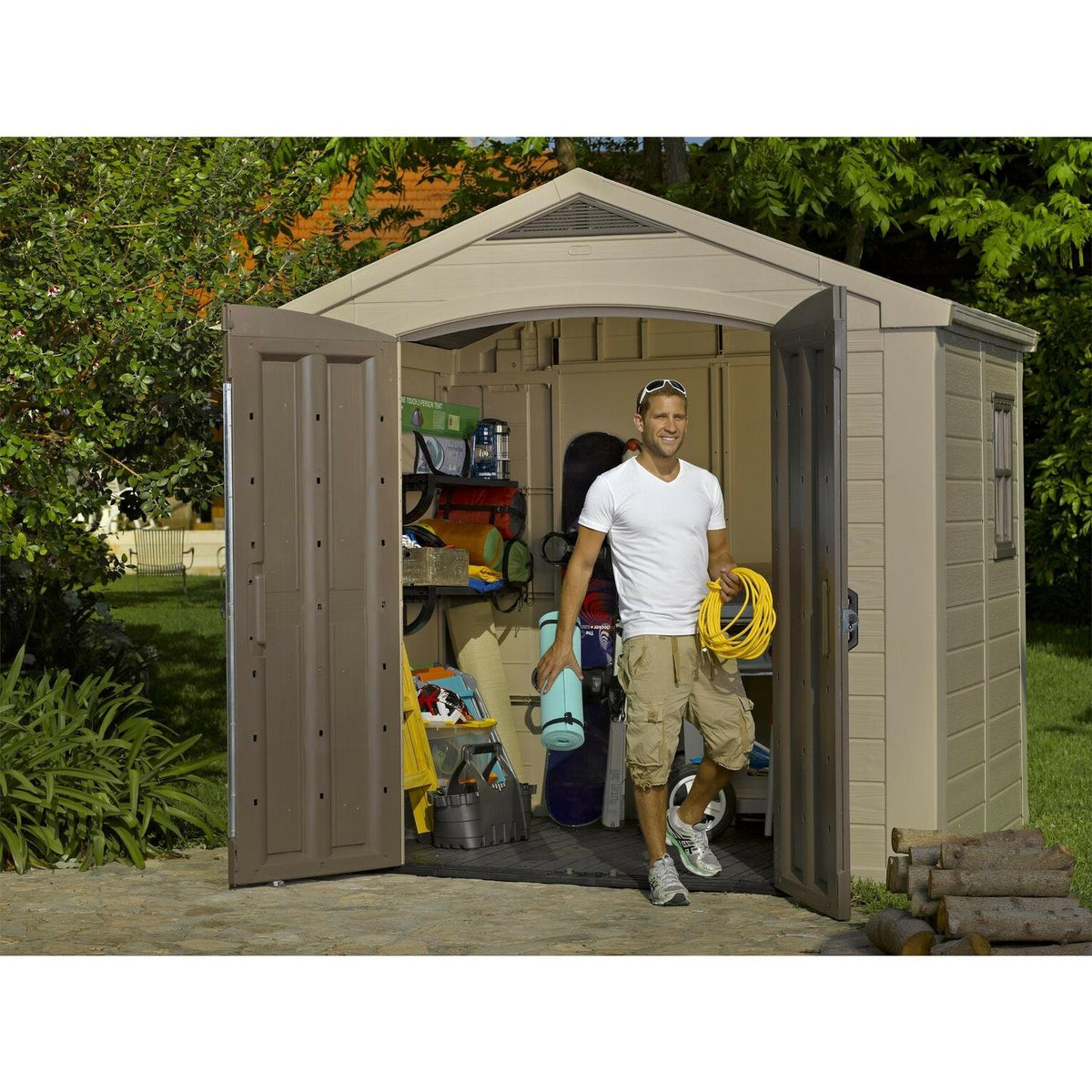 Factor Apex Plastic Garden Shed 2.4m x 1.8m Beige/Brown