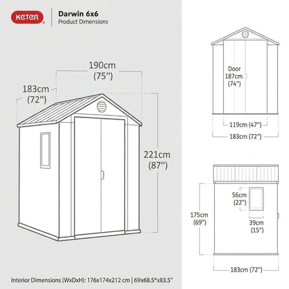 Keter Darwin Apex Plastic Garden Shed 1.8m x 1.8m Brown