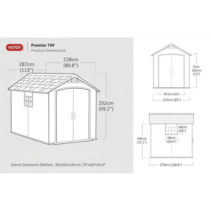 Keter Premier Plastic Garden Shed 2.3m x 2.7m Grey